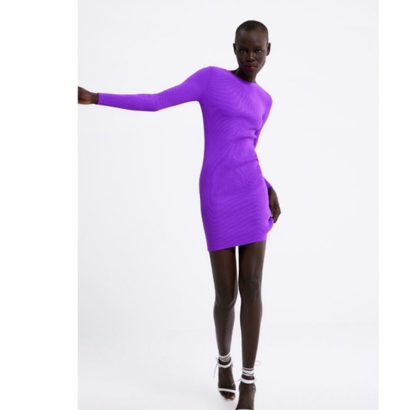 Zara ribbed long sleeves bodycon dress back openning , vibrant purple, stretch - Picture 2 of 10